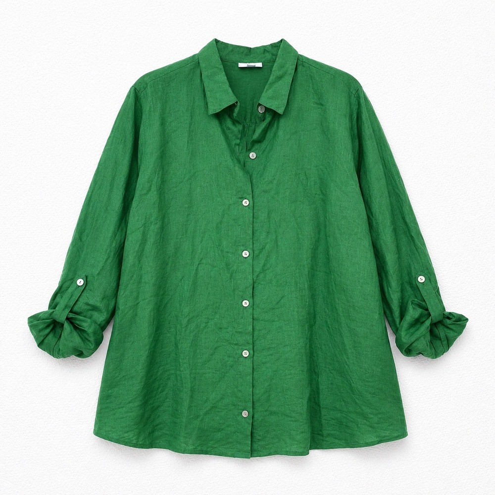 J. Jill Love Linen Green Button Front Roll Tab Sleeve Shirt Large 100% Linen - Picture 2 of 9